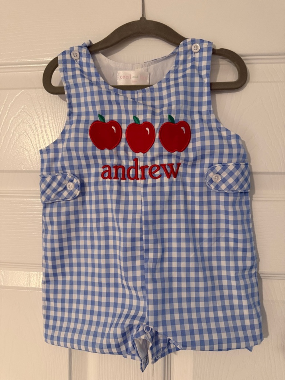 Cecil and Lou Blue Gingham Apple Appliqué Romper - Andrew 18 months